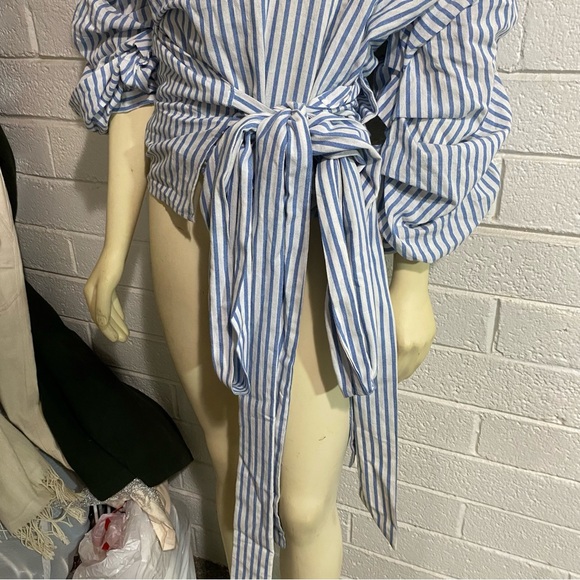 Bubble Sleeve Wrap Around Voluminous Puff Blue Pinstripe Statement Piece Blouse - Picture 3 of 6